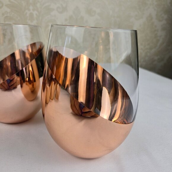 Set of 5 Copper Accent Stemless Wineglasses Contemporary Style Dining Gift - Picture 4 of 10